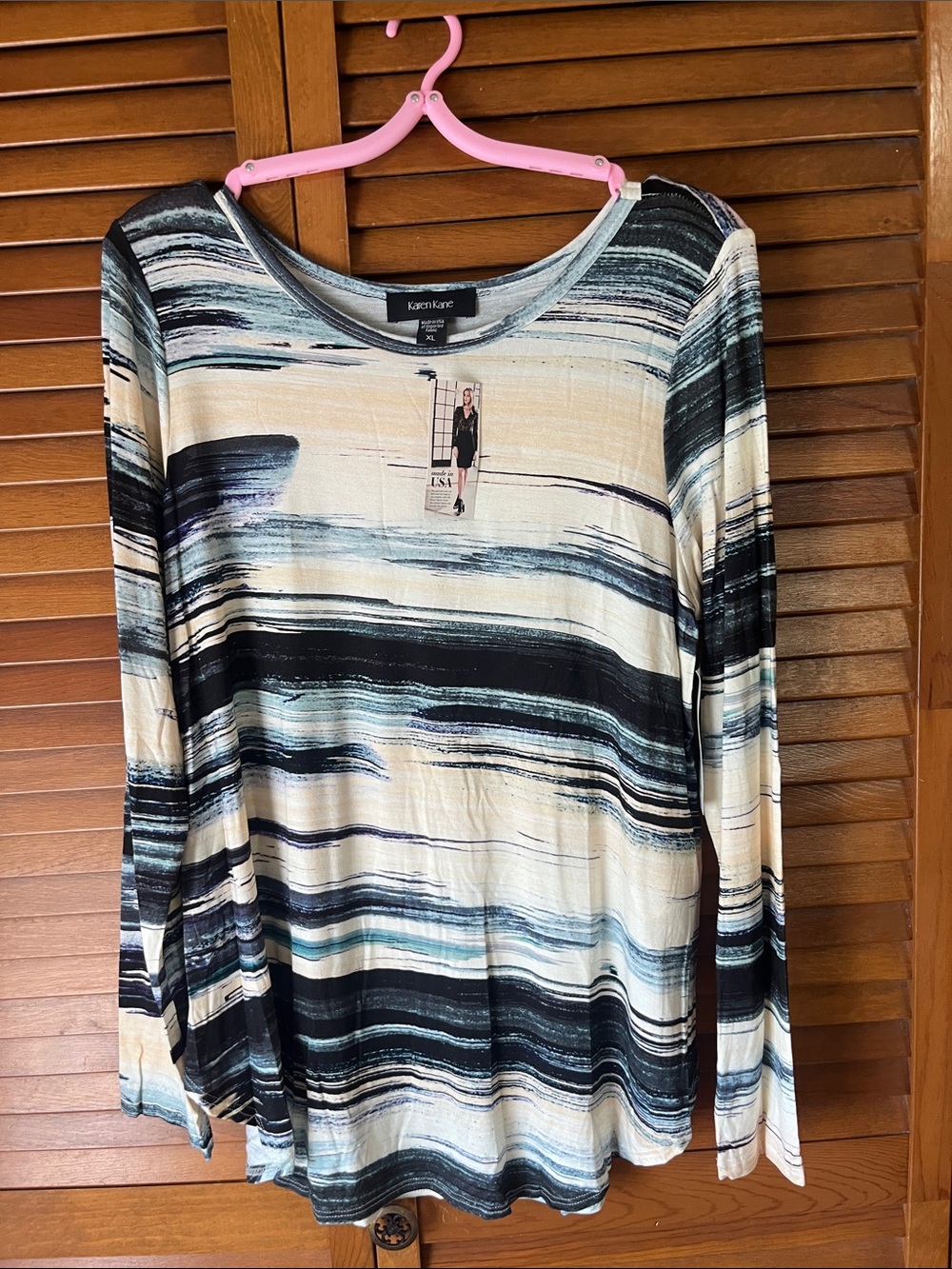 Karen Kane Striped Long-Sleeve Top in Cream, Black & Blue NWT Size XL